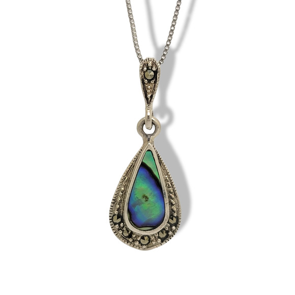 Tear Drop Abalone Shell Bezel Set Marcasite Accents 925 Danecraft Silver Pendant - Picture 1 of 4
